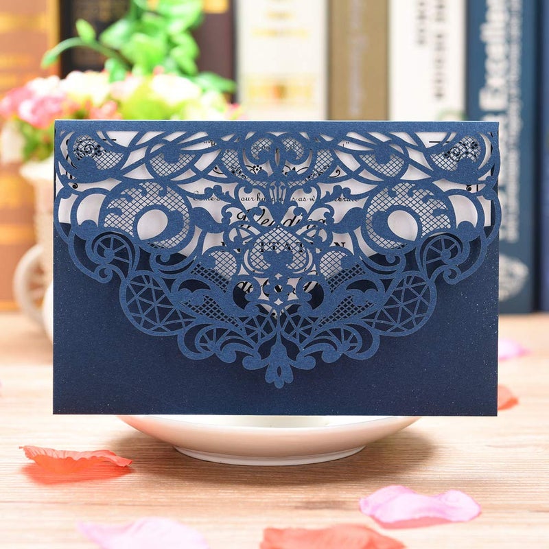 FOMTOR Laser Cut Wedding Invitation Cards Set w/Envelopes & Inserts & Seals â€“ for Wedding, Bridal Shower, Graduation, Birthday Party, Engagement, Anniversary Blue 50Pcs - Image 5